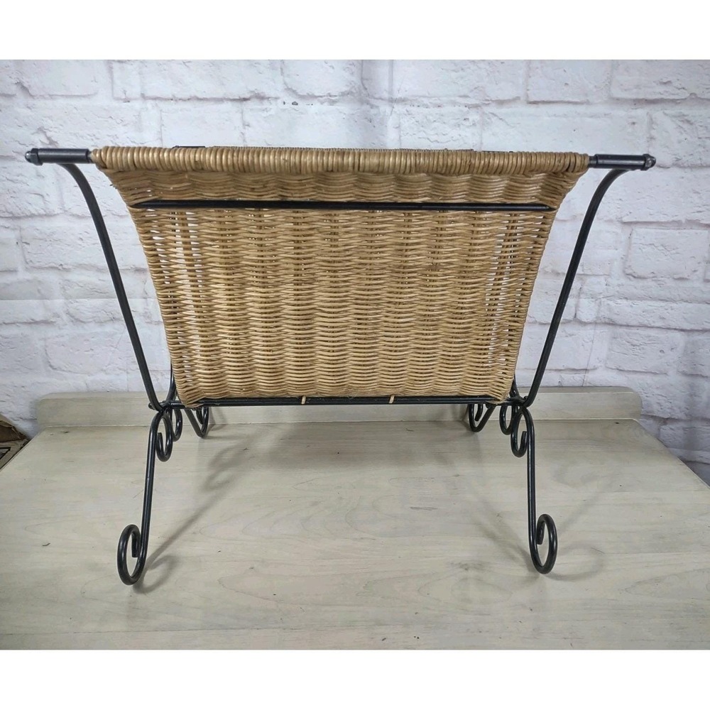 Vintage Wicker Wrought Iron Magazine Rack Curly Legs Base MCM Retro Decor